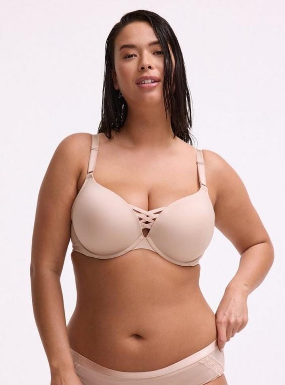 Torrid XO Plunge Push-Up Smooth Bra in beige nude 38DDD criss cross
